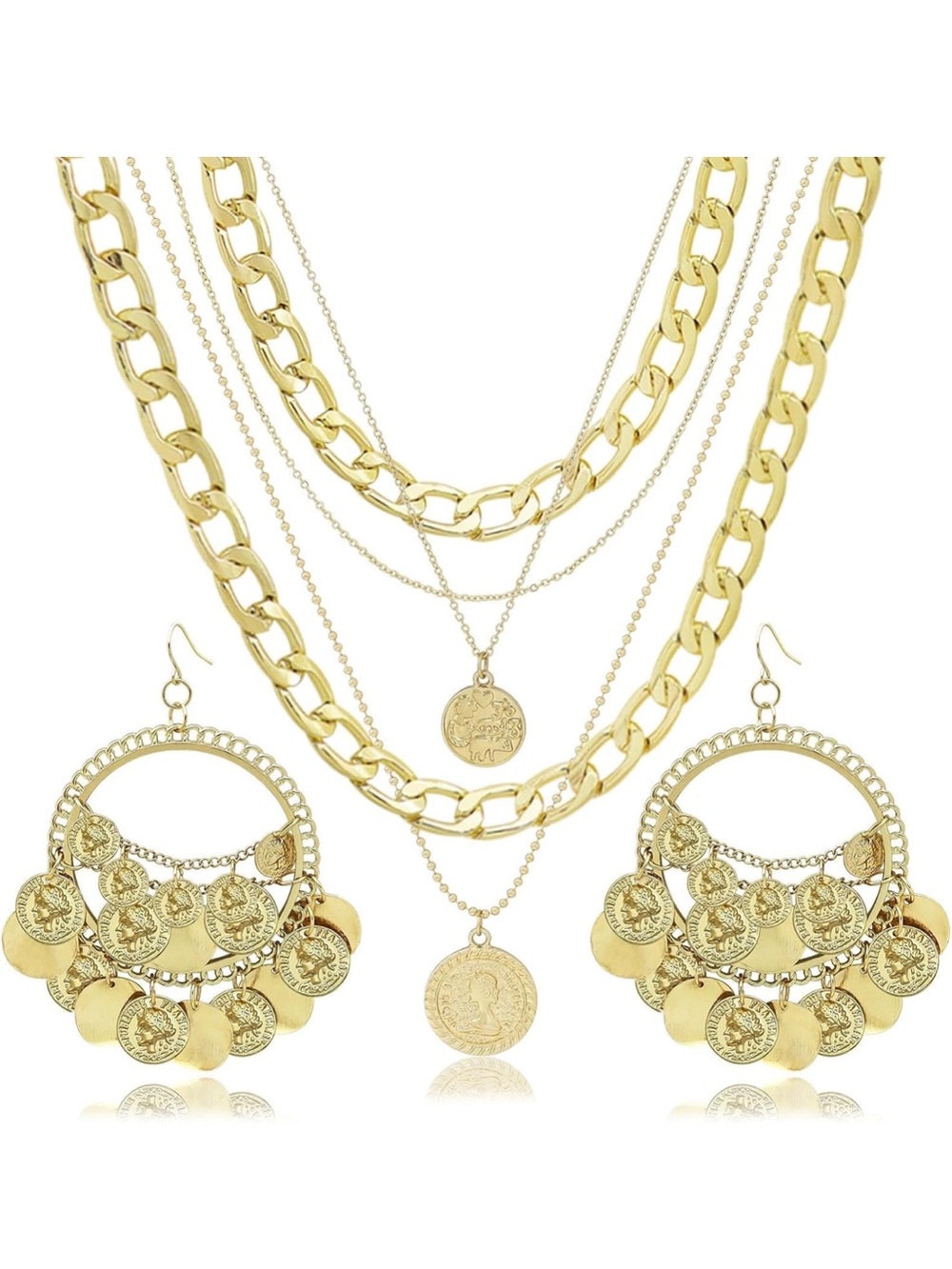 Anthropologie Gold Layered Coin Necklace with Matching Coin Hoop Earrings